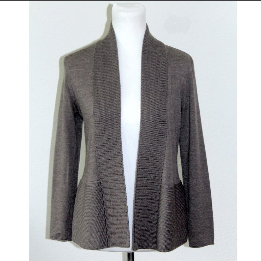 Eileen Fisher Merino Wool Open Front Cardigan Brown Small S EUC!